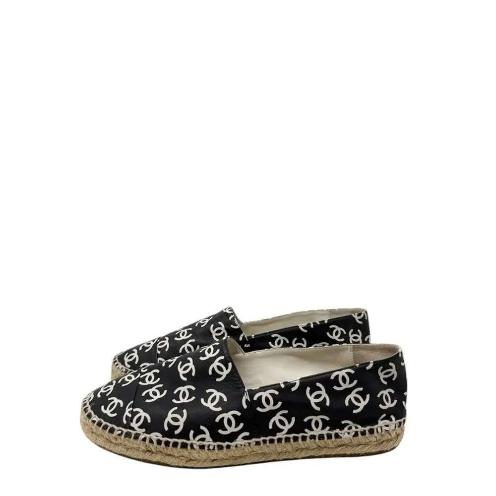 Chanel CC Monogram Logo Lambskin Leather Black White Espadrilles Size 40